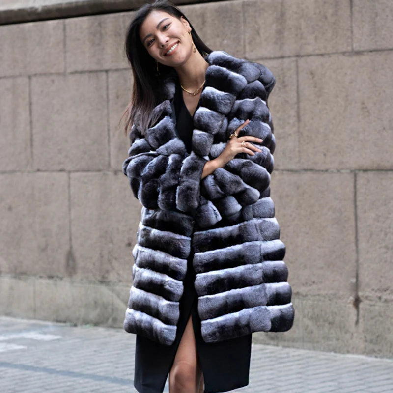 Women's fur coat winter warm mink coat casual mid-length thick hooded trench coat