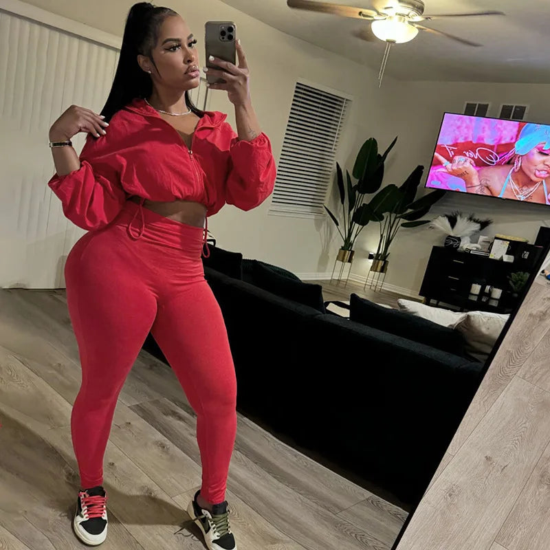 Y2k Autumn Casual Women 2 Piece Set Classic Solid Long Sleeve Drawstring Zip-up Coats Slim Pants Female Basic Sporty Outfits