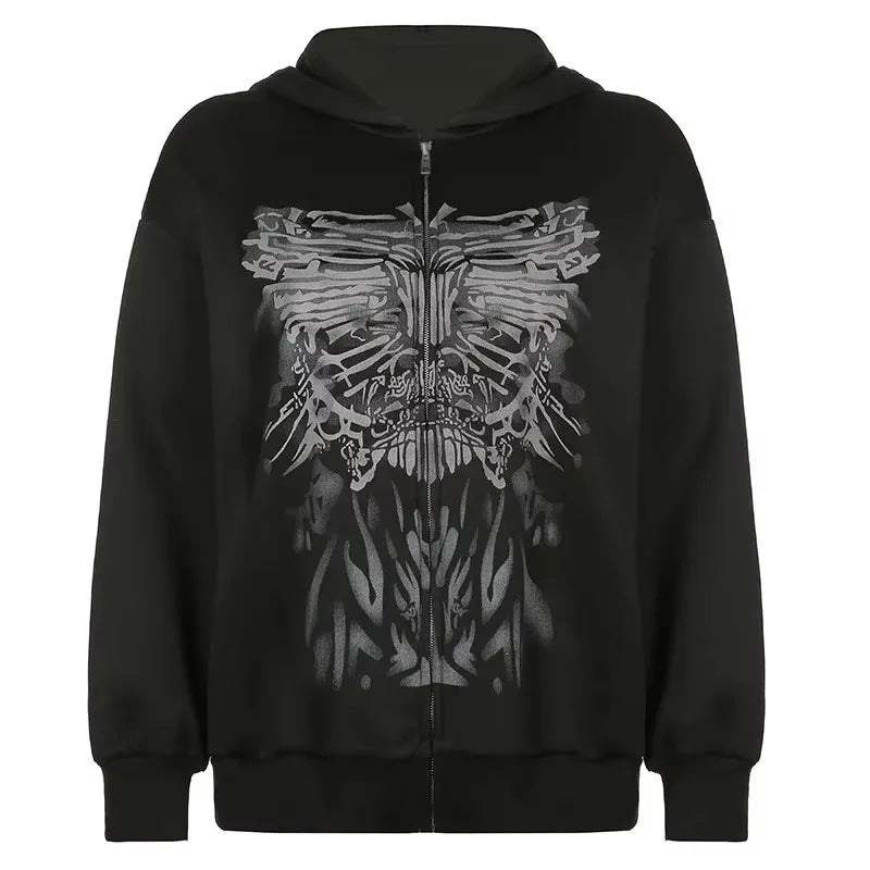 Y2K Gothic Butterfly Print Zip Up Women Hoodies 2025 Winter Grunge Skeleton Sweatshirt Casual Hooded Jacket Streetwear Hoodie