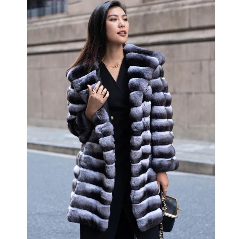 Women's fur coat winter warm mink coat casual mid-length thick hooded trench coat