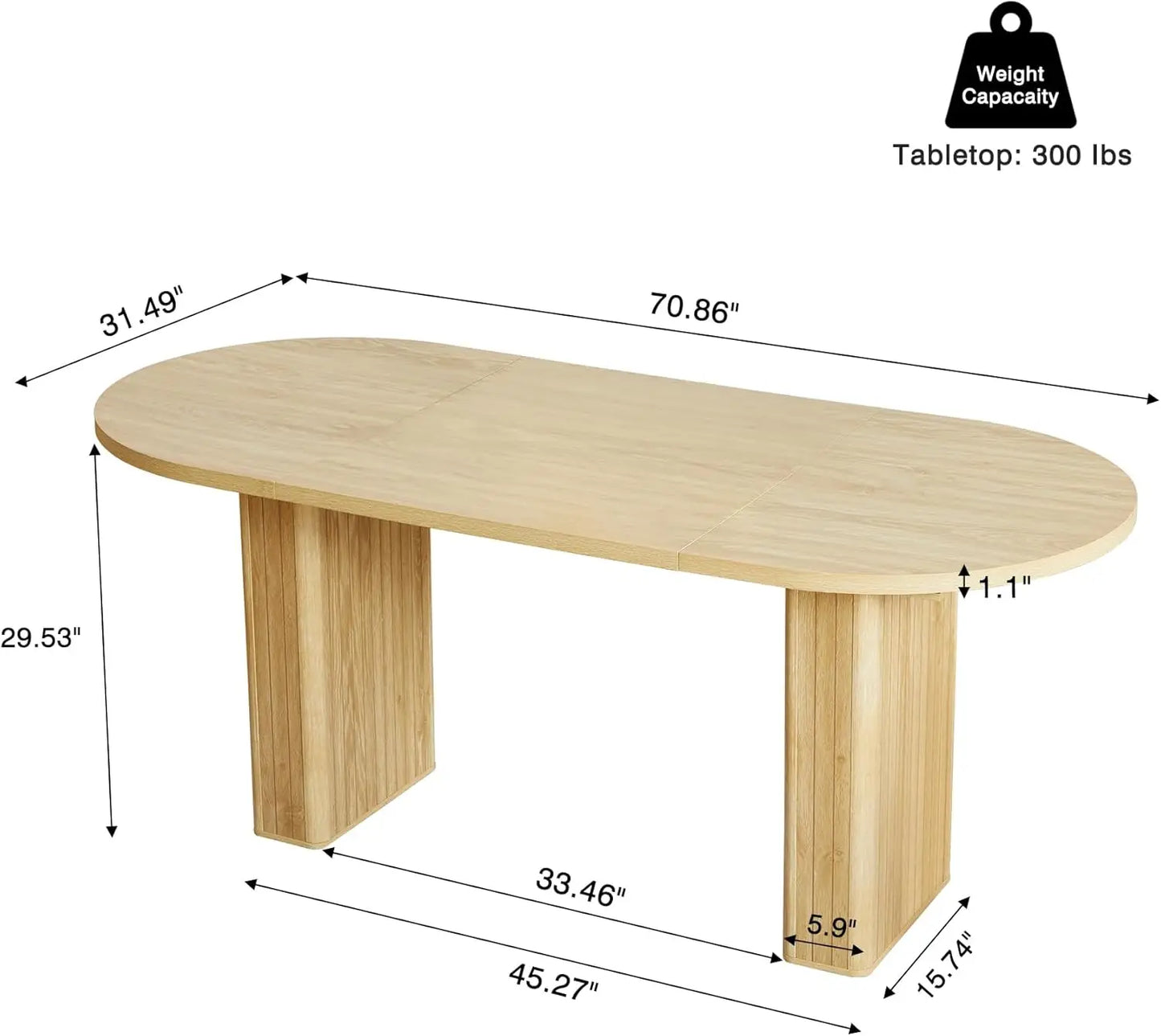 70.8 Inch Kitchen Dining Table for 4-6 People, Oval Kitchen Table with Wood Strip Base, Farmhouse Large Round Dining Room Tables