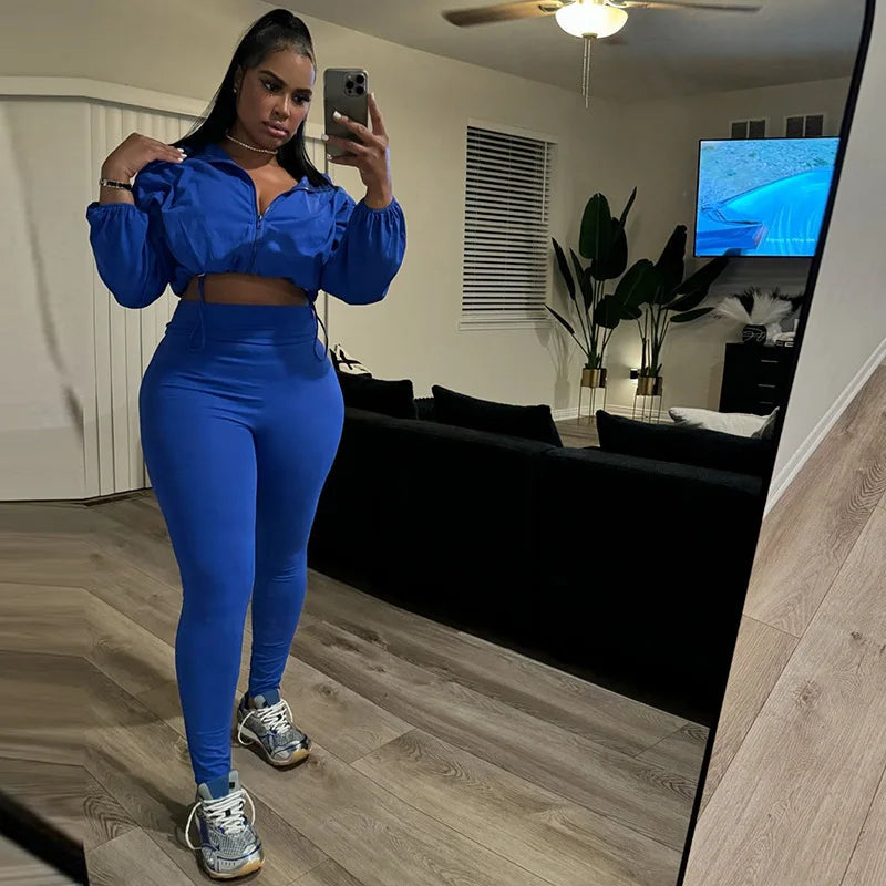 Y2k Autumn Casual Women 2 Piece Set Classic Solid Long Sleeve Drawstring Zip-up Coats Slim Pants Female Basic Sporty Outfits