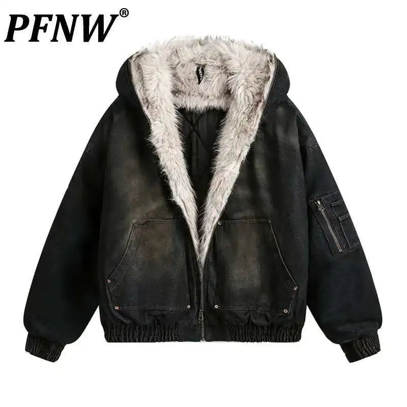 PFNW Menswear Thickened Denim Quilted Padded Jackets Autumn Winter Trend 2024 New Oversized Fur Collar Hooded Cotton-padded Coat