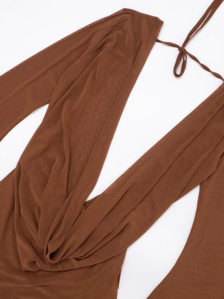 Beyprern Elegant Flare Sleeve V Neck Ruched Sheer Mesh Short Dress Pink Holiday Outfits Beach Cover-Up Dress Night Out Vestidos