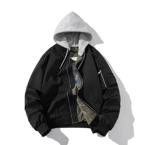 Men Bomber Jacket Solid Autumn Winter Pilot Jacket Women Vintage Fashion Hooded Baseball Coat Casual Windbreak Parkas Red Pink