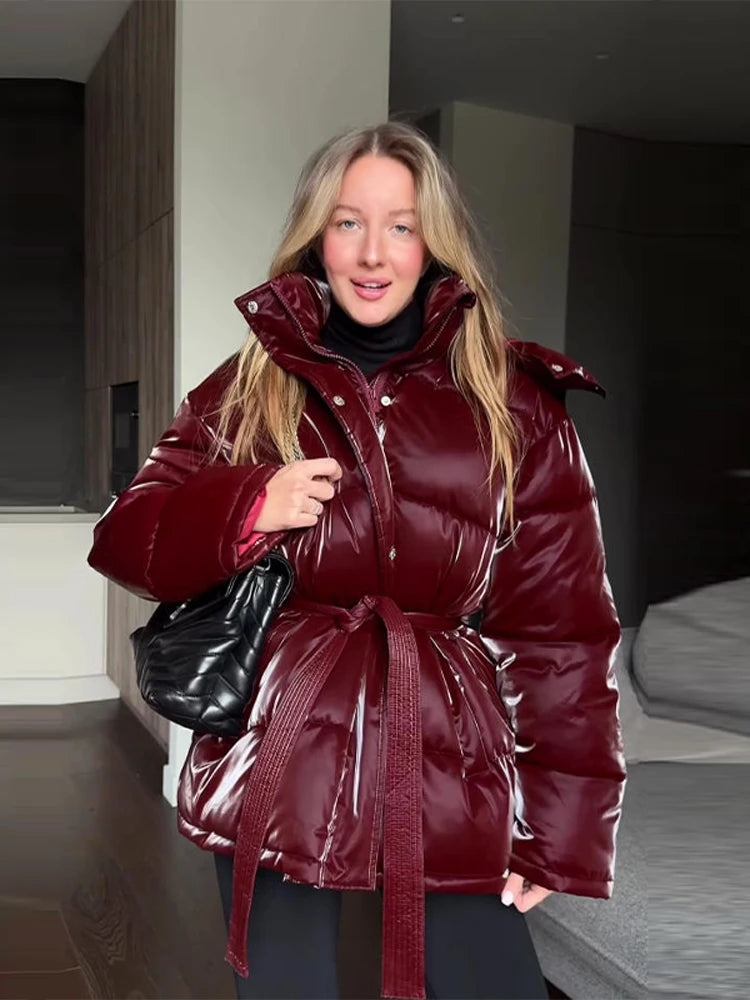 Elegant Women's Shiny Thicken Cotton Coats Hooded Detachable Zippers Lace Up Lady Coat 2025 Winter Chic Female Streetwear