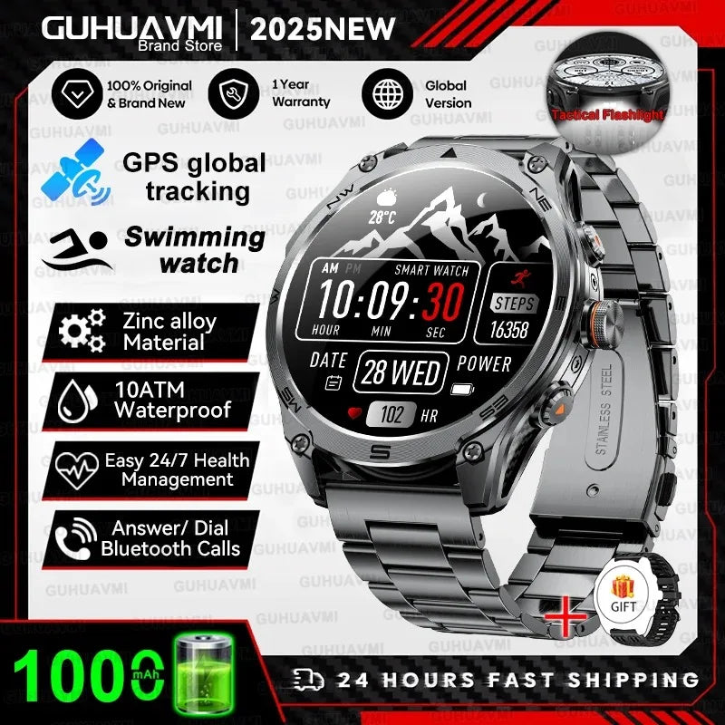 2025 New Military Smart Watch For Men 1000Mah Battery GPS Compass 10ATM Waterproof Flashlight Voice Call Sport Smart Watch Man