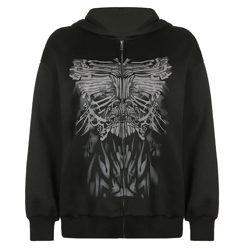 Y2K Gothic Butterfly Print Zip Up Women Hoodies 2025 Winter Grunge Skeleton Sweatshirt Casual Hooded Jacket Streetwear Hoodie