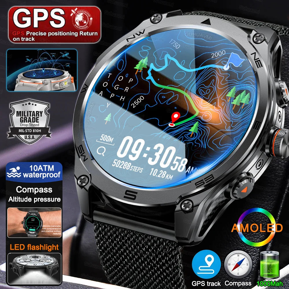 2025 New Military Smart Watch For Men 1000Mah Battery GPS Compass 10ATM Waterproof Flashlight Voice Call Sport Smart Watch Man