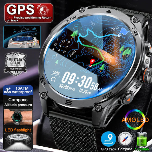 2025 New Military Smart Watch For Men 1000Mah Battery GPS Compass 10ATM Waterproof Flashlight Voice Call Sport Smart Watch Man