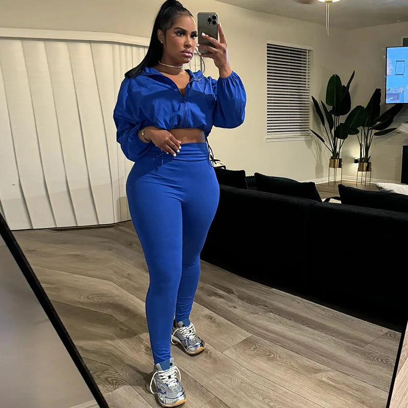 Y2k Autumn Casual Women 2 Piece Set Classic Solid Long Sleeve Drawstring Zip-up Coats Slim Pants Female Basic Sporty Outfits