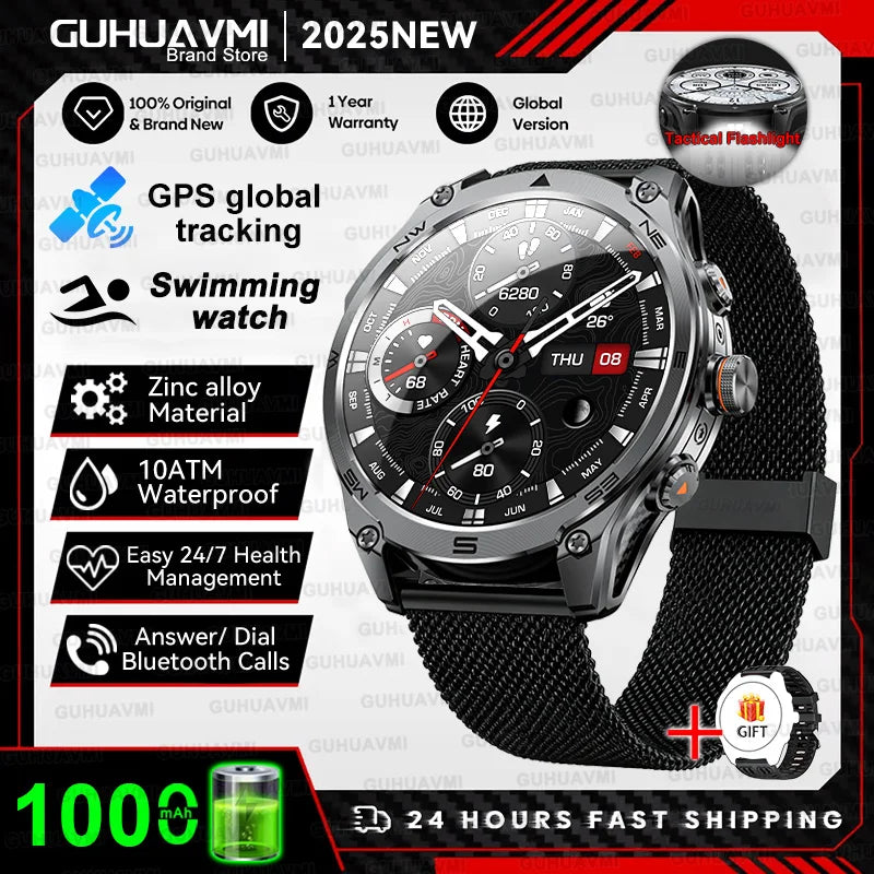 2025 New Military Smart Watch For Men 1000Mah Battery GPS Compass 10ATM Waterproof Flashlight Voice Call Sport Smart Watch Man